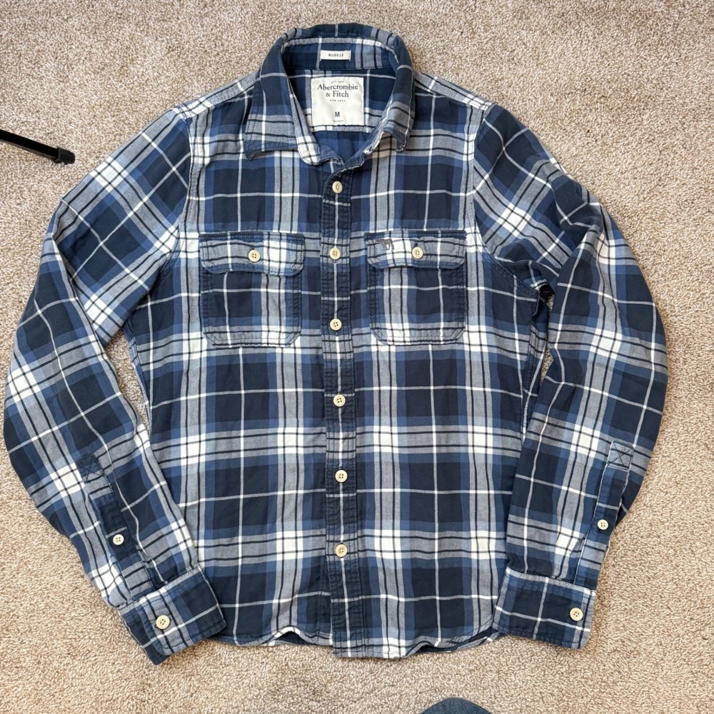 Abercrombie & Fitch Button Down Flannel Shirt Mens M Blue Plaid Muscle Fit Y2K